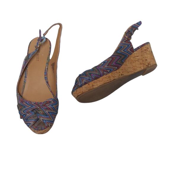 Nine West Abbeol 1 Wedges Multicolor Woven Slingback Knotted Peep Toe - Size 7M - Picture 1 of 16